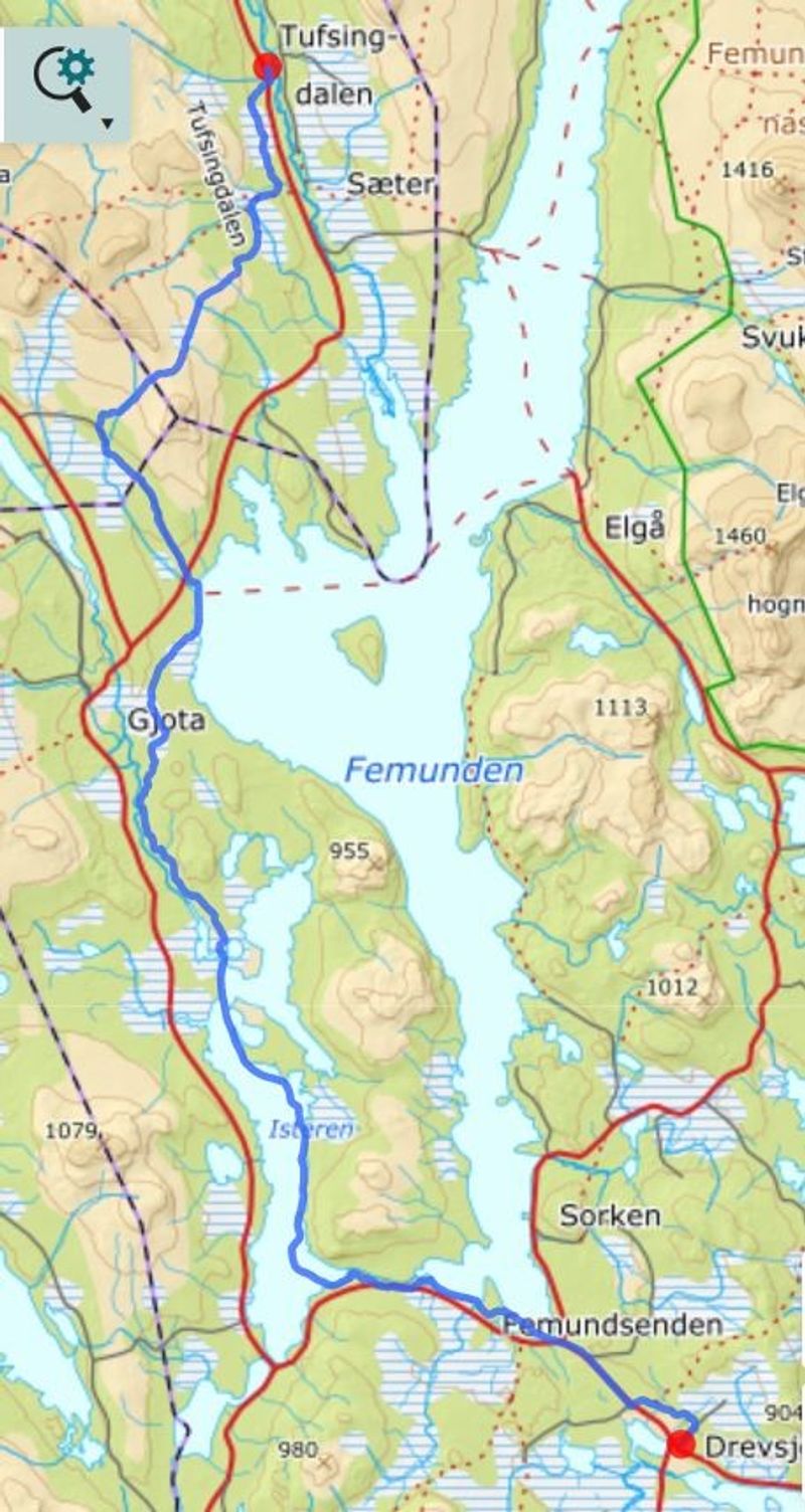 Tufsingdalen - Drevsjø - Kartutsnitt. Blå strek viser trasè