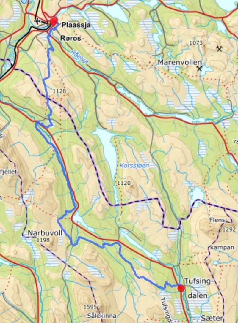 Røros - Tufsingdalen - Kartutsnitt. Blå strek viser trasè