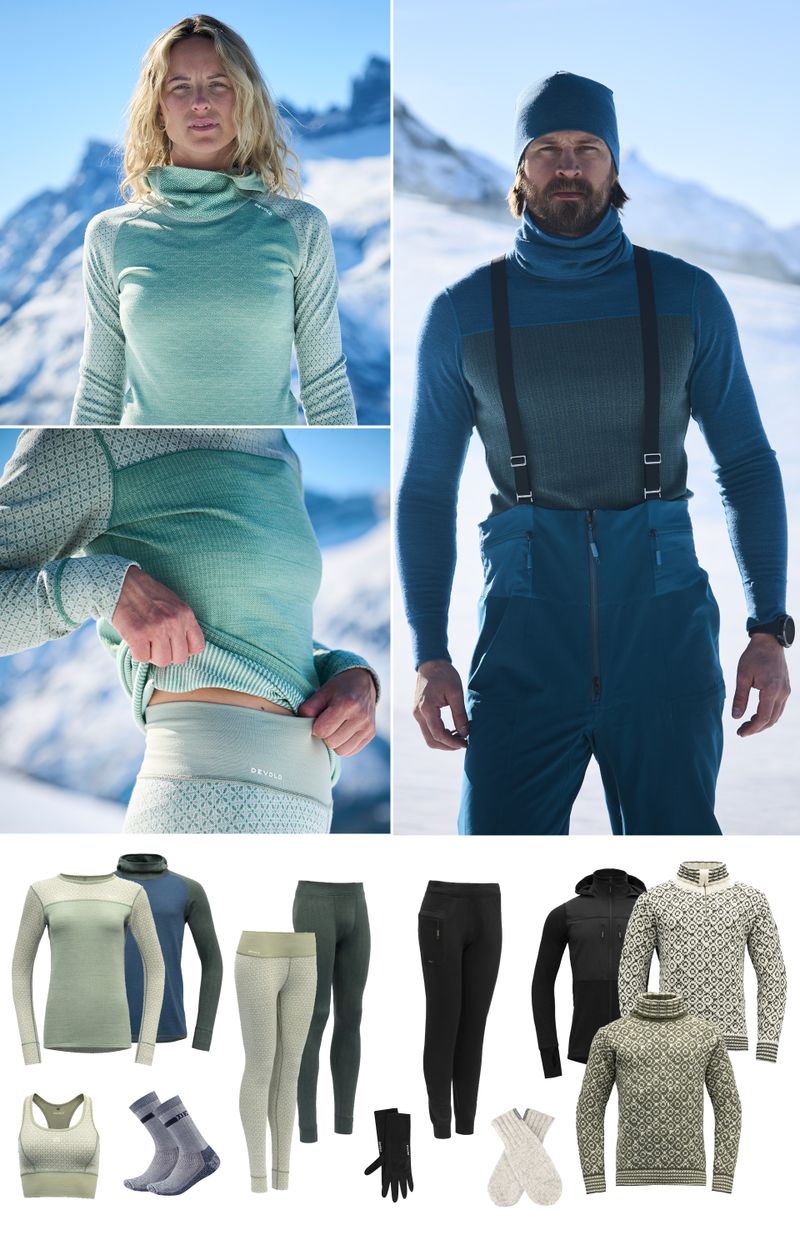 Kvitegga (innerlag), Herøy Hybrid-jakke, Nibba-bukse, ullsokker, innliner-hansker og Nansen-votter.. Produktene finner du på www.devold.com